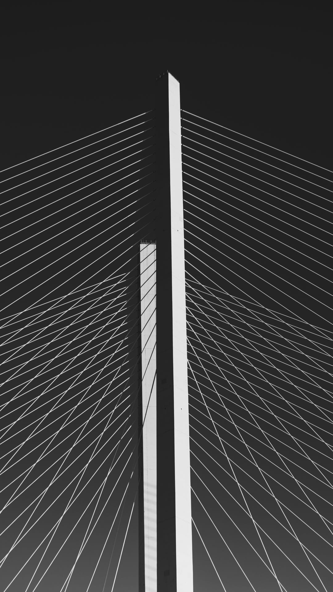Suspension bridge cables and a concrete pylon angle sharply against a pitch-black sky in a monochrome view.