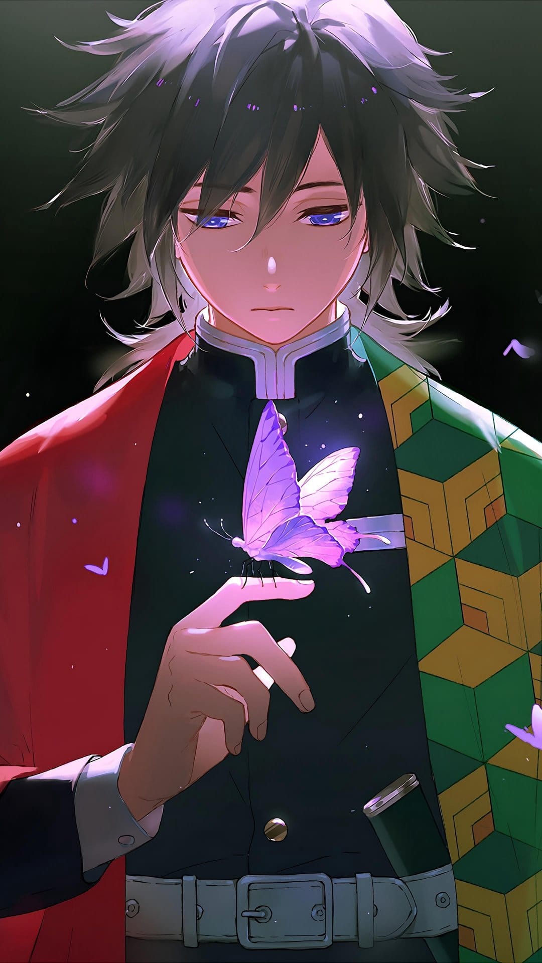 Anime swordsman with blue eyes wearing a red and green haori while a glowing purple butterfly rests on his hand.