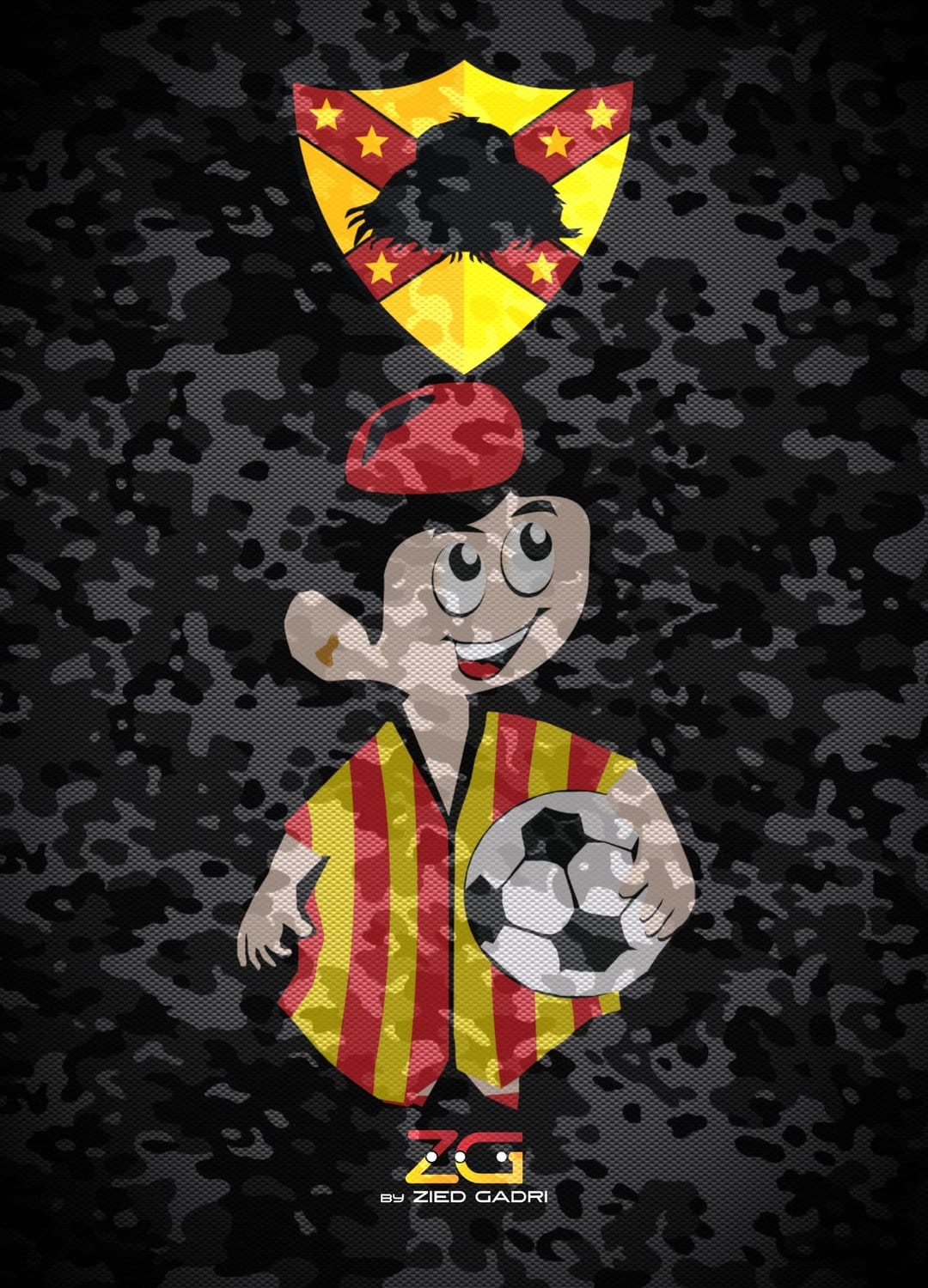 Cheerful boy in a red beret and striped shirt holds a soccer ball under a shield crest with a camo background.