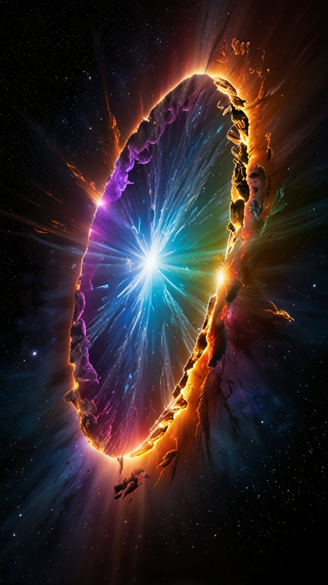 Luminous circular portal glowing with orange and blue light amidst a dense purple nebula and distant star field.
