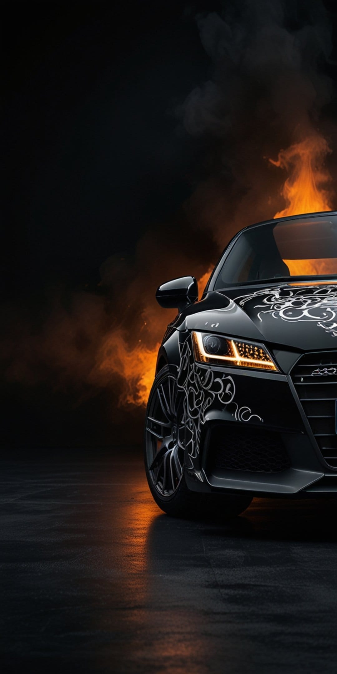 Black Audi TT sports car with white decals surrounded by orange smoke and flames on a dark reflective floor.