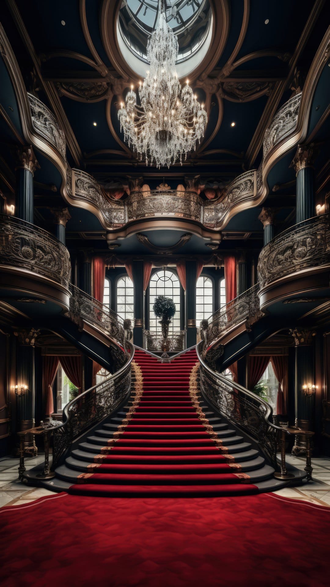 Ornate red carpet staircase with gold railings ascends toward a glowing crystal chandelier in a luxury hall.