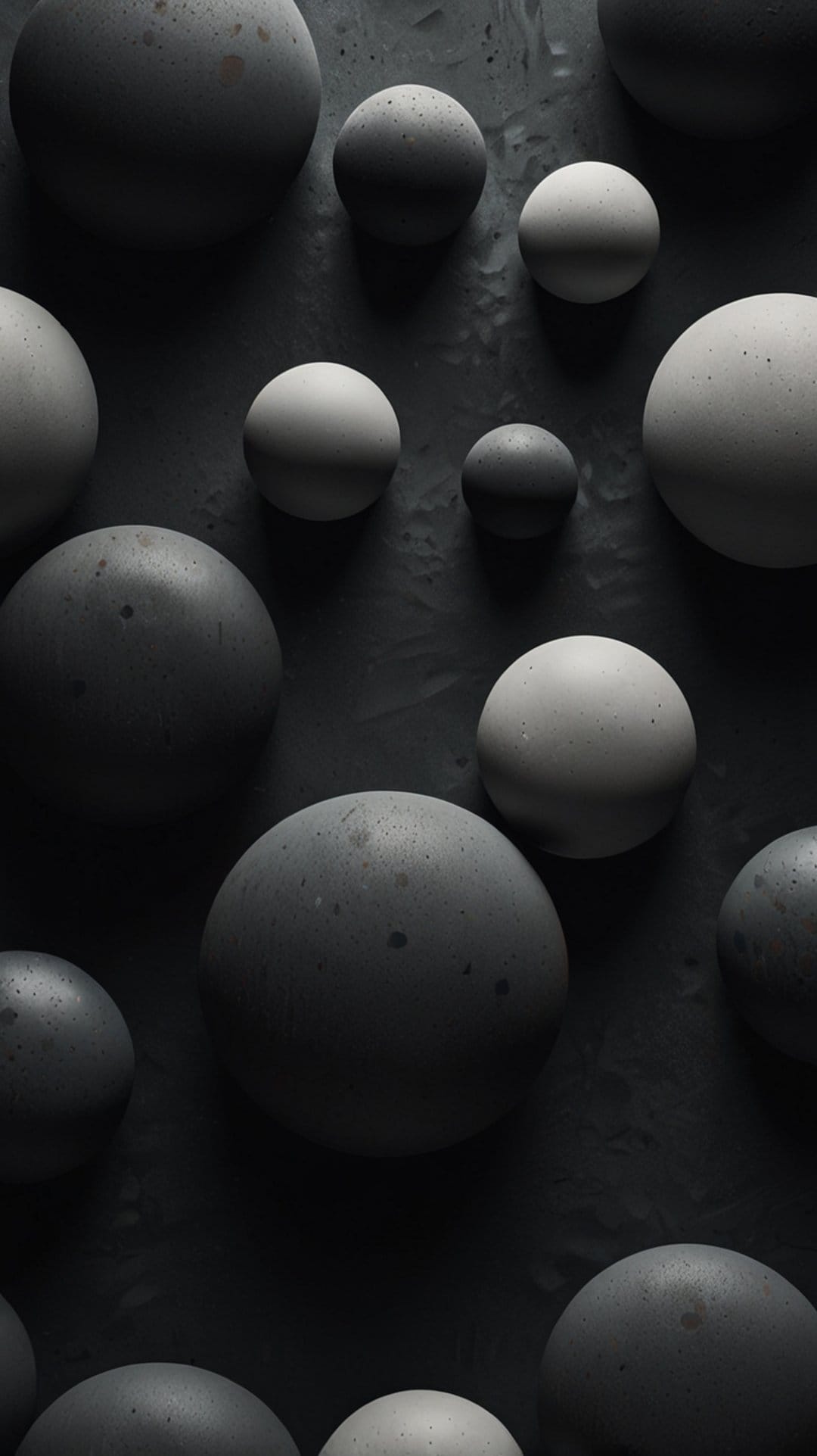Grayscale spheres in various sizes rest on a black textured surface with soft shadows and side lighting.