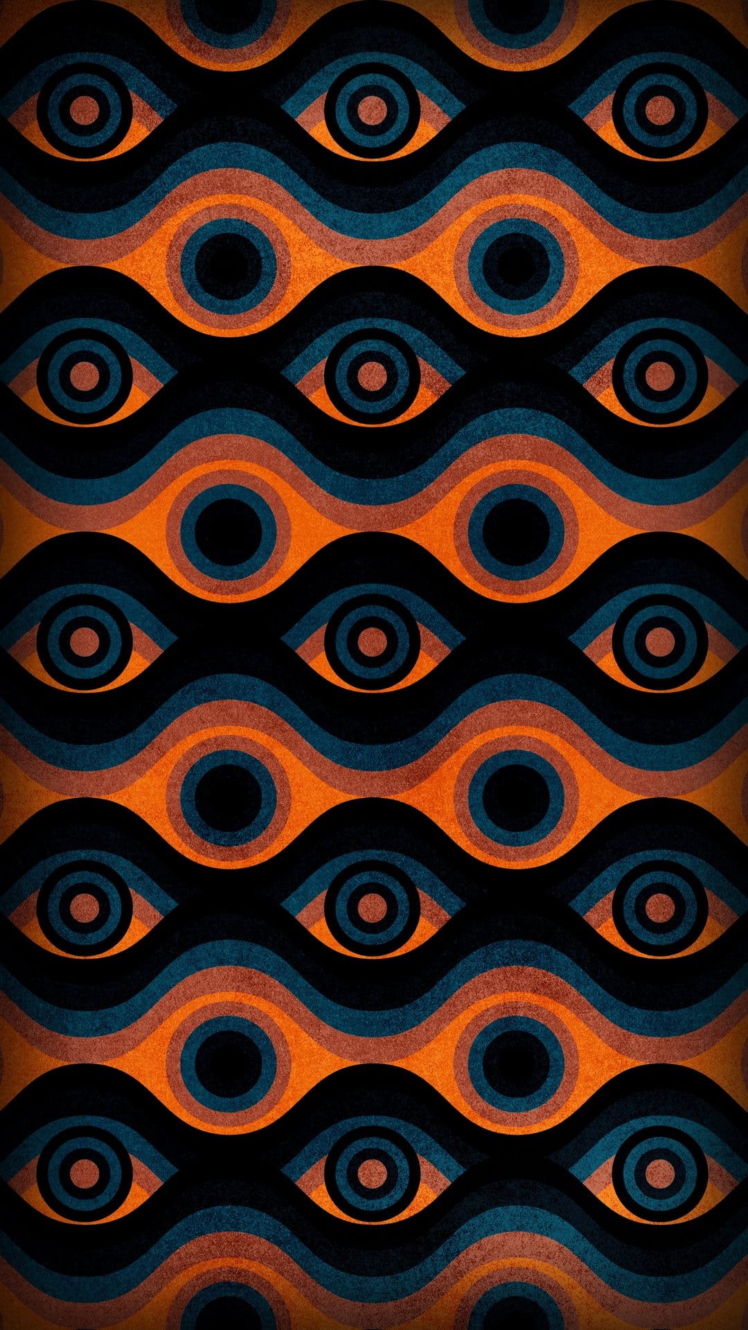 Stylized eyes with concentric circles in orange and teal form a wavy, repeating psychedelic pattern.