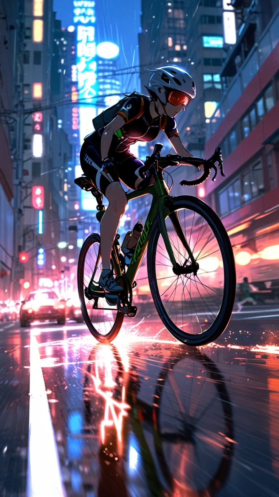 Cyclist in aerodynamic gear speeds through a rain-drenched neon city street with blurred futuristic skyscrapers.