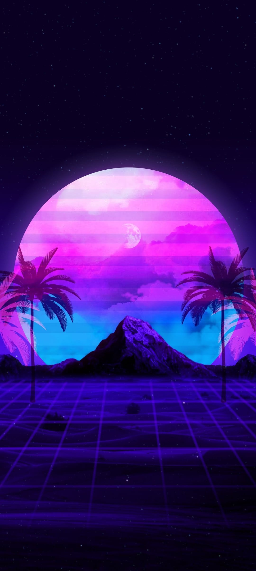 Neon moon glows behind silhouetted palm trees and a luminous purple grid floor within a mountainous landscape.