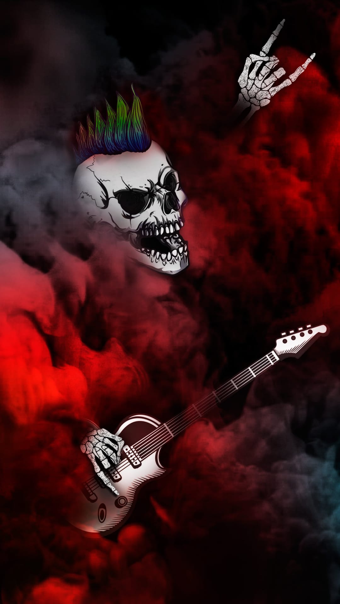 Undead guitarist with a multicolored mohawk plays a white electric guitar surrounded by red and black smoke.