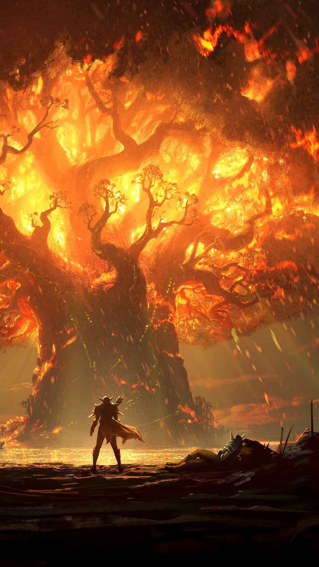 Golden armored warrior silhouetted against a massive tree engulfed in flames amidst falling embers and sparks.
