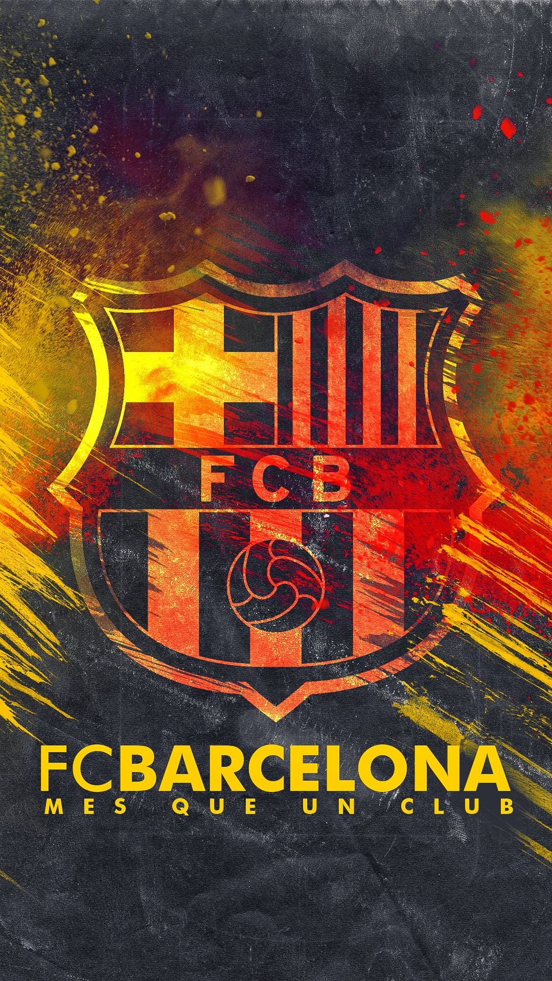FC Barcelona crest with Mes Que Un Club text centered amidst vibrant orange and red paint splash textures.