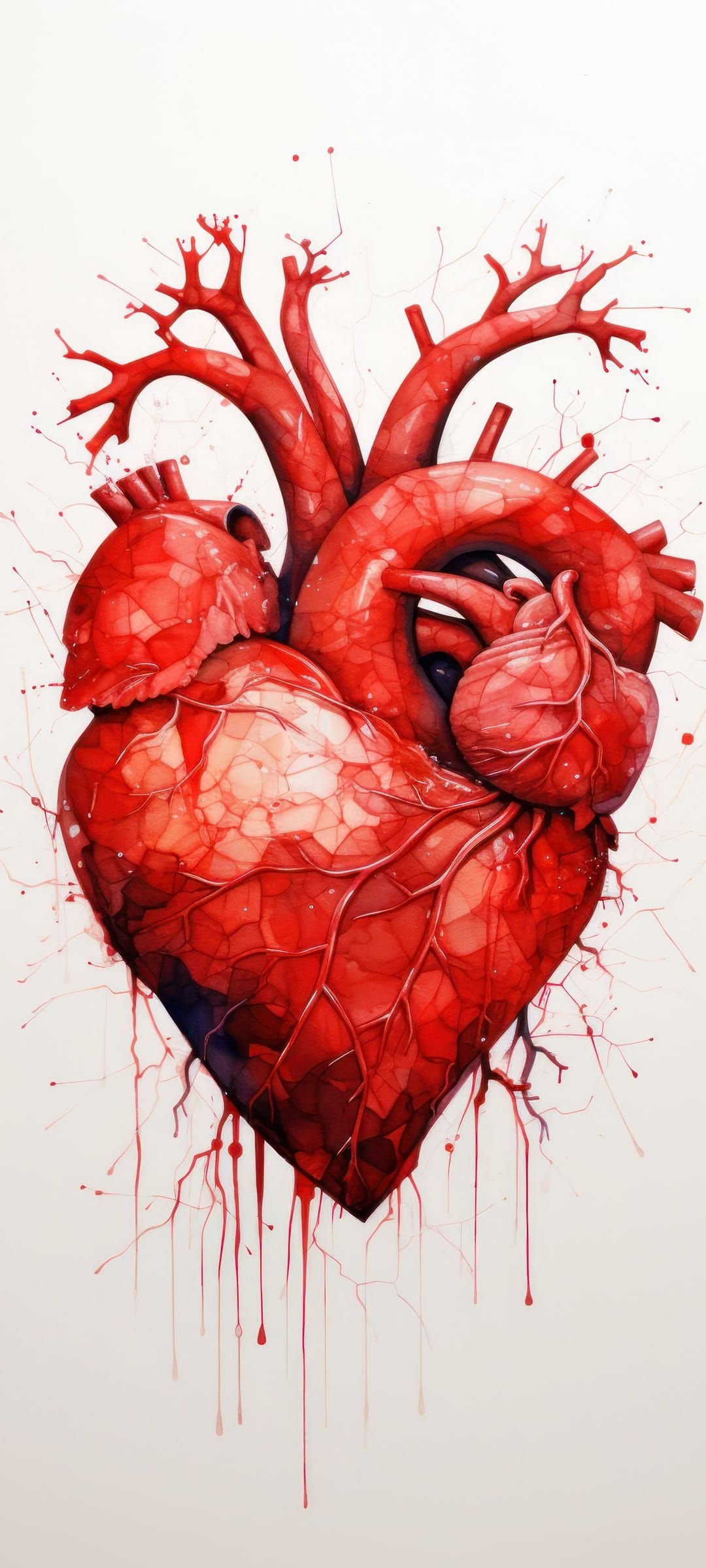 Human heart rendered in red watercolor with detailed branching arteries and dripping paint on a white background.
