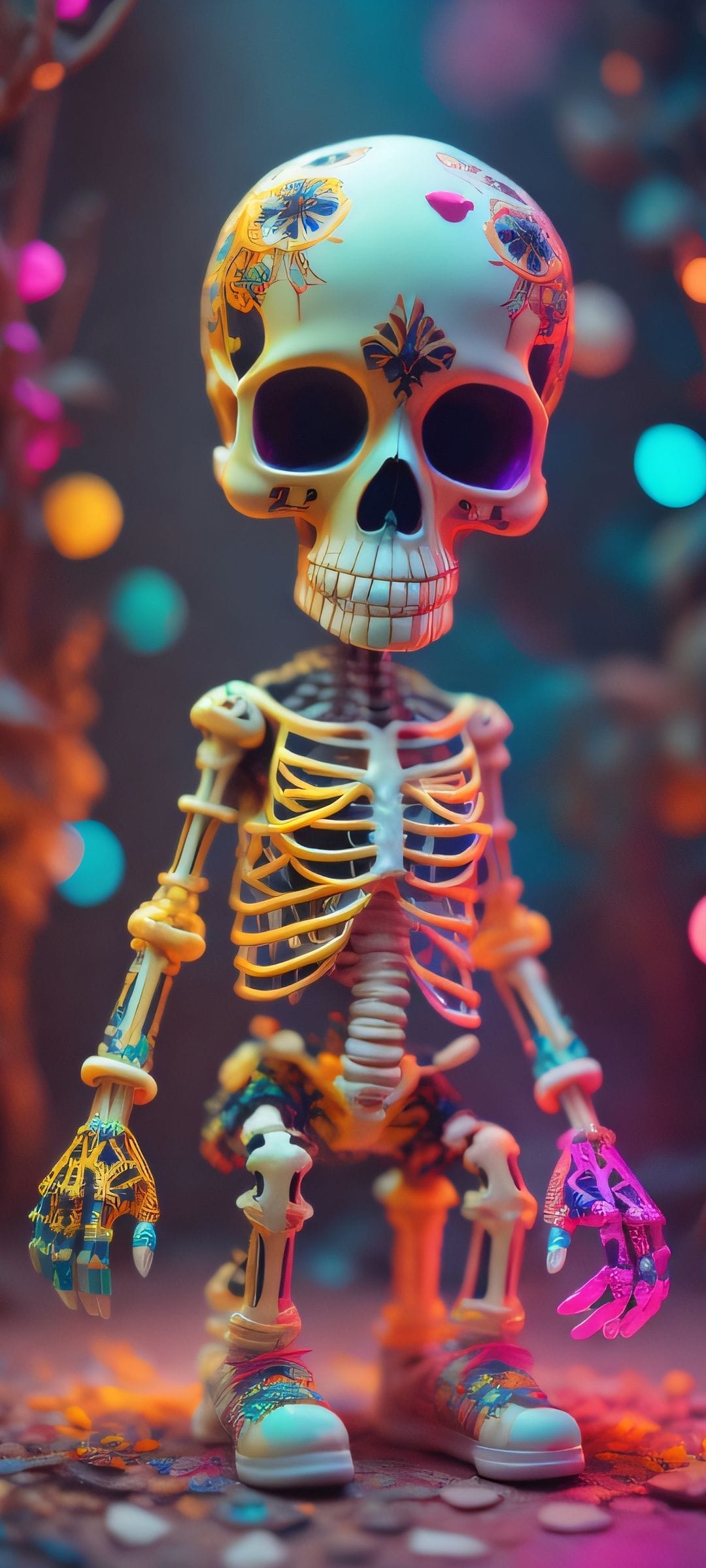 Decorated skeleton toy with floral skull patterns and sneakers against soft pink and blue bokeh lights.