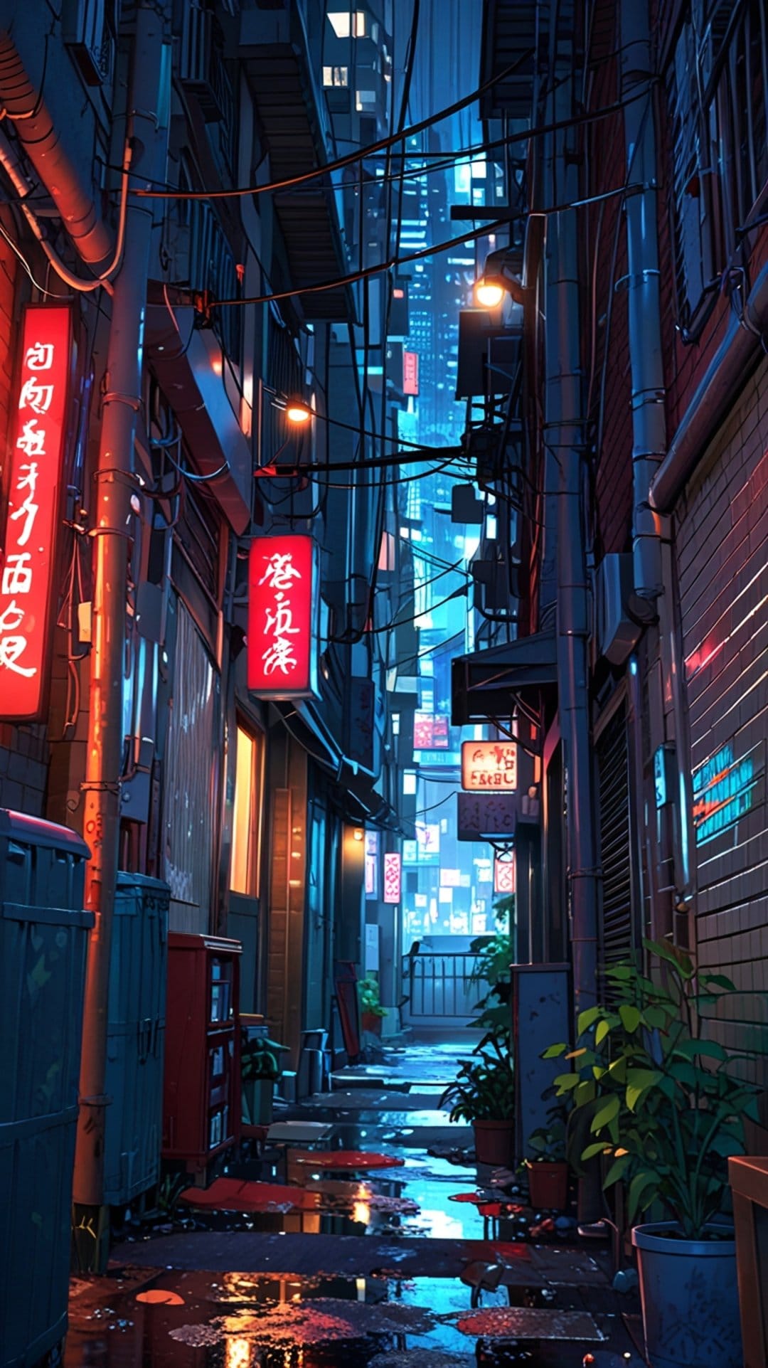 Neon-lit narrow city alleyway with glowing red and blue signs reflecting on rain-slicked asphalt at night.