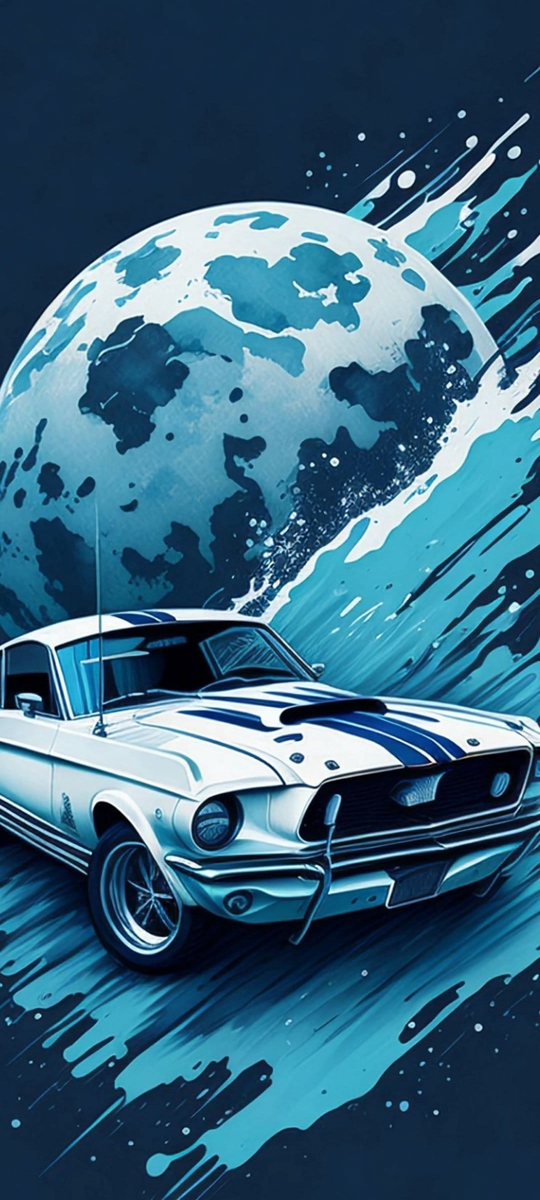 White Ford Mustang with blue racing stripes parked under a large textured moon against a dark blue background
