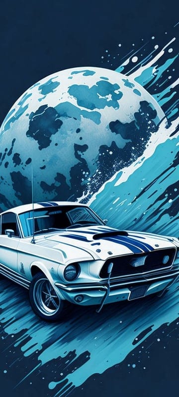 ford mustang,ford,car,blue,white,moon,stripes,art