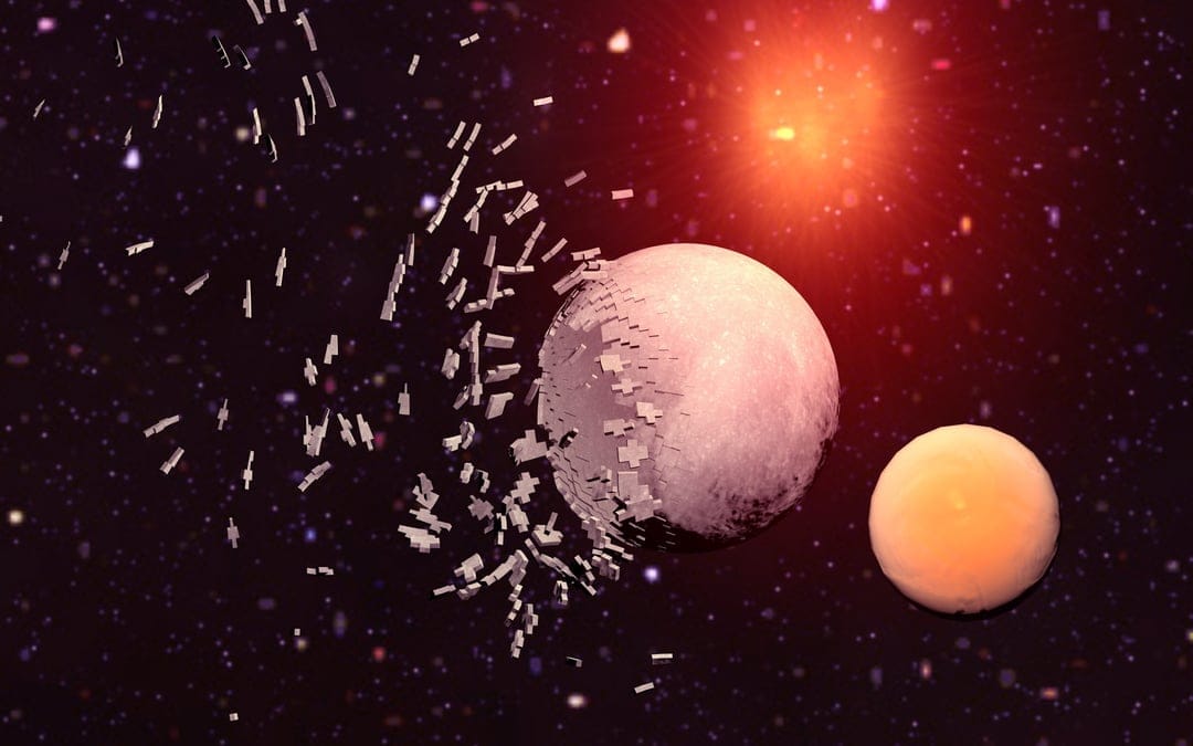 Shattered planet core emitting orange light while fragments float through a dark starlit void in outer space.