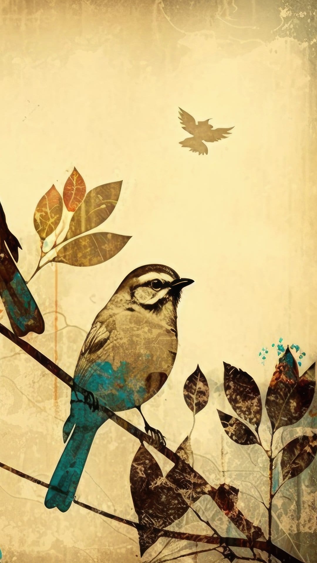 Small songbird perching on a thin branch surrounded by textured abstract leaves on a parchment background.