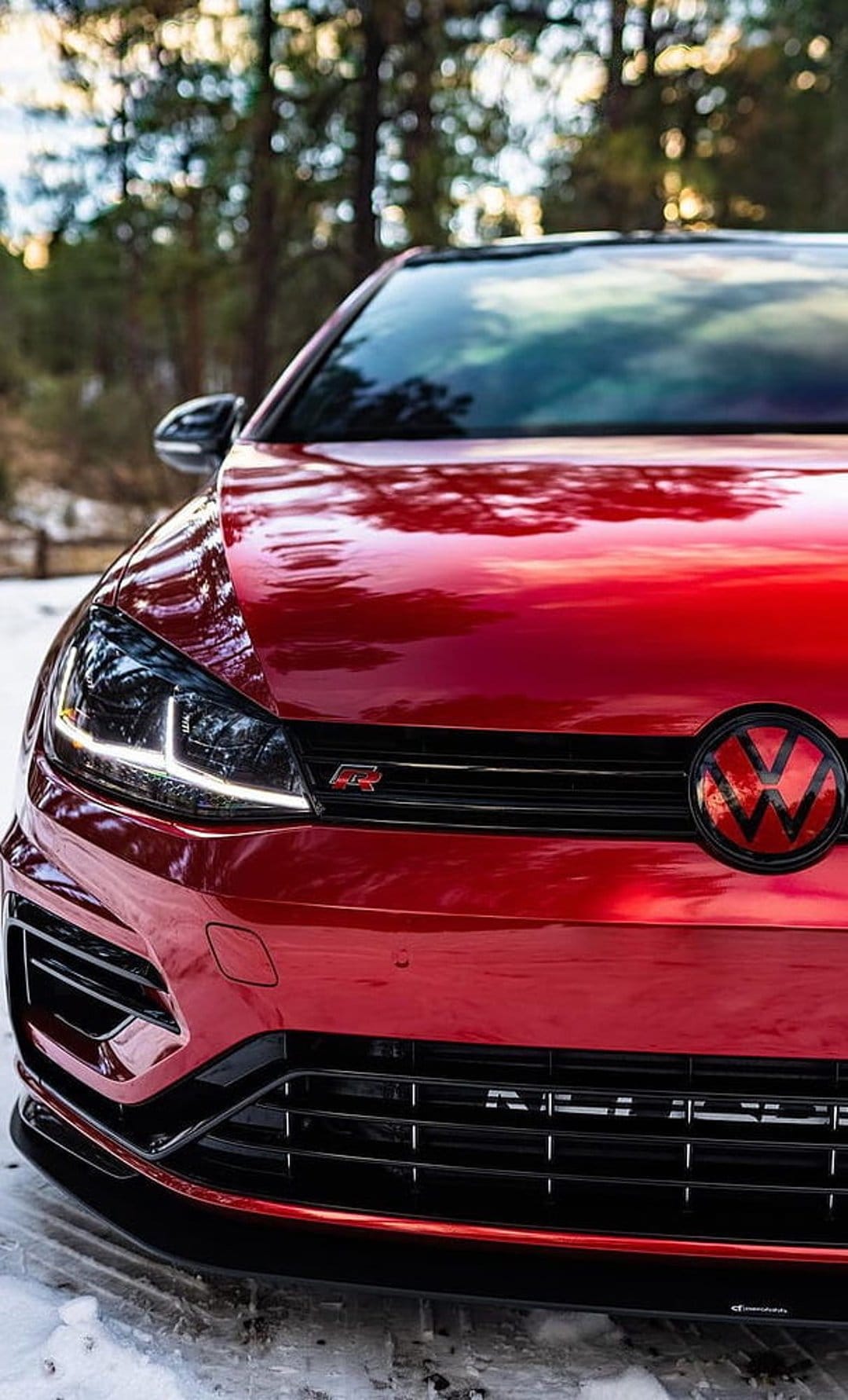 Red Volkswagen Golf R car parked in a snowy forest with pine trees and soft winter light reflecting on its hood.