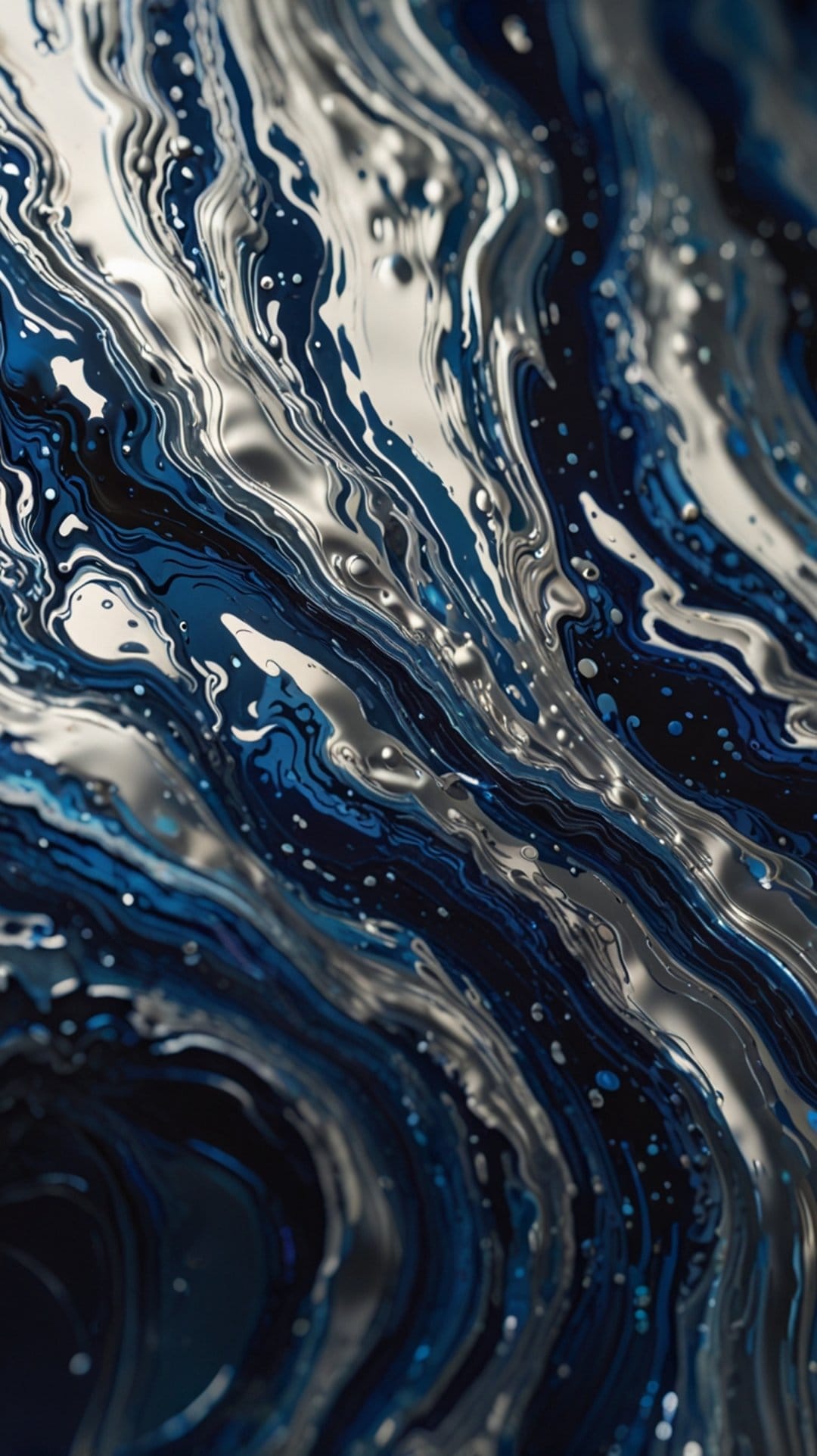Indigo and metallic silver fluid patterns with tiny reflective droplets create smooth and organic flowing curves.