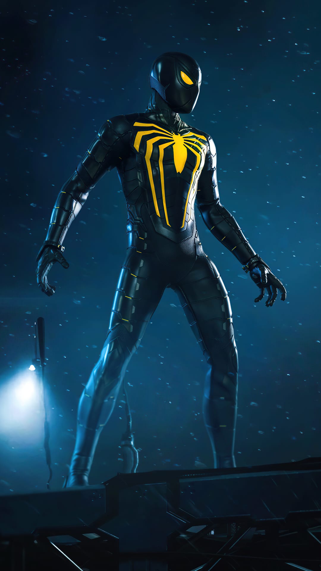 Spider-Man in a black suit with glowing yellow eyes stands on a platform under cool blue lighting and embers.