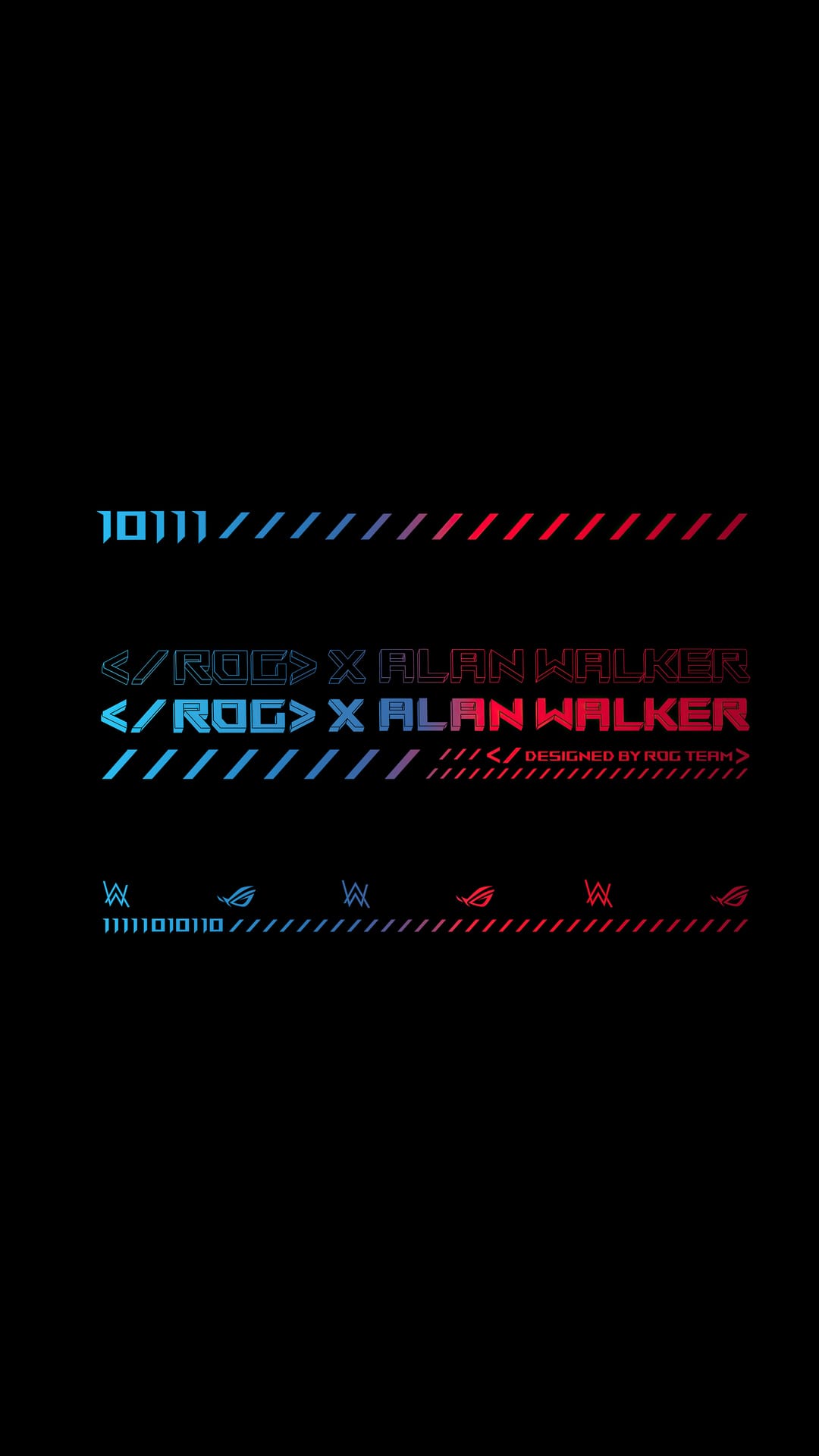 ROG eye and Alan Walker logo glow with neon gradients over a vertical field of scrolling digital binary code.