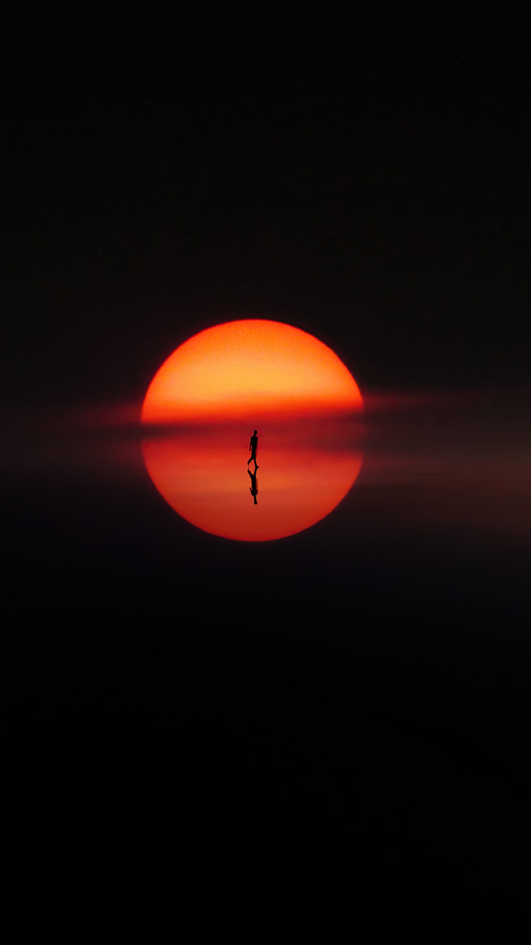 Lone silhouette walks across a massive orange sun reflected on a dark glassy surface in a minimalist style.