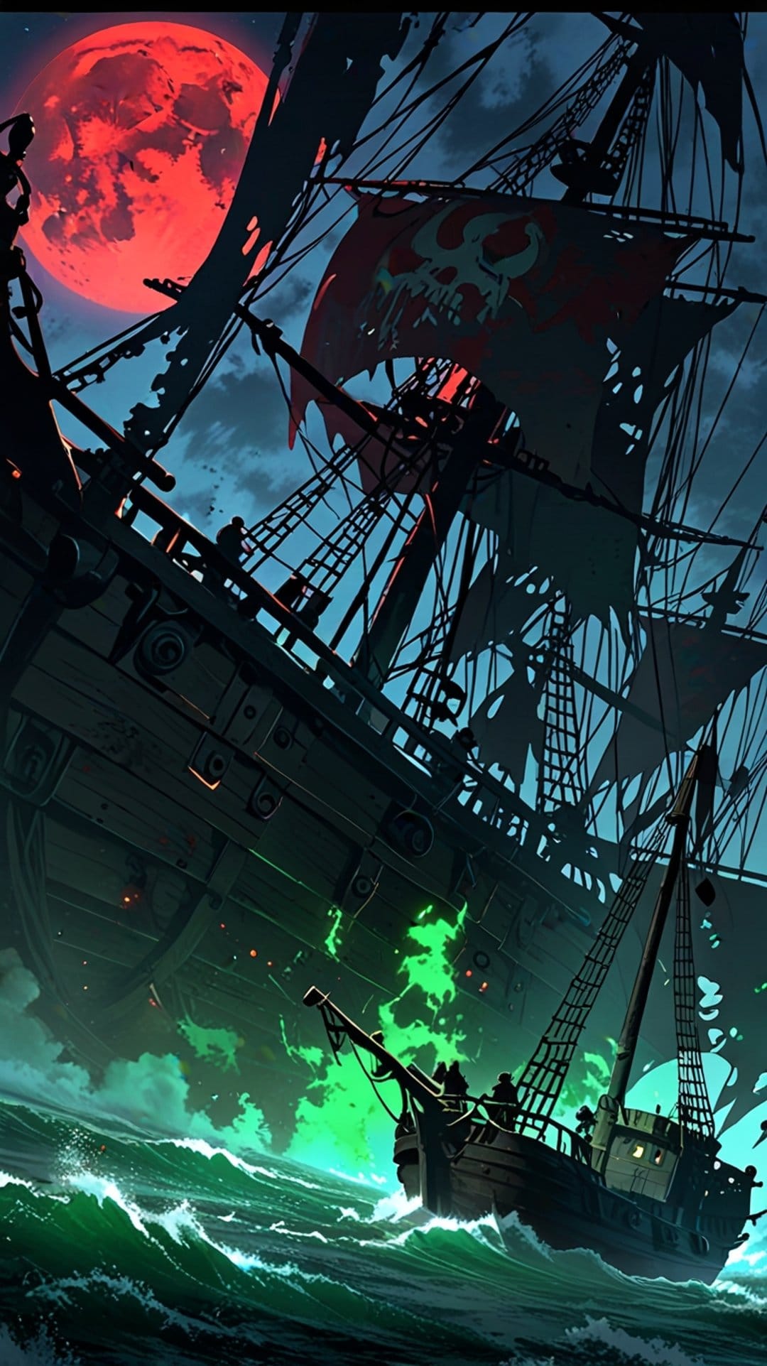 Ghostly pirate ship with skull sails navigating glowing green waves under a massive red lunar eclipse at night.
