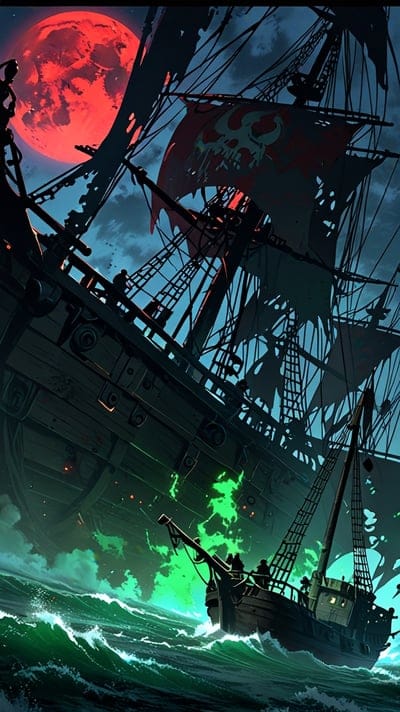 Ghostly pirate ship with skull sails navigating glowing green waves under a massive red lunar eclipse at night.