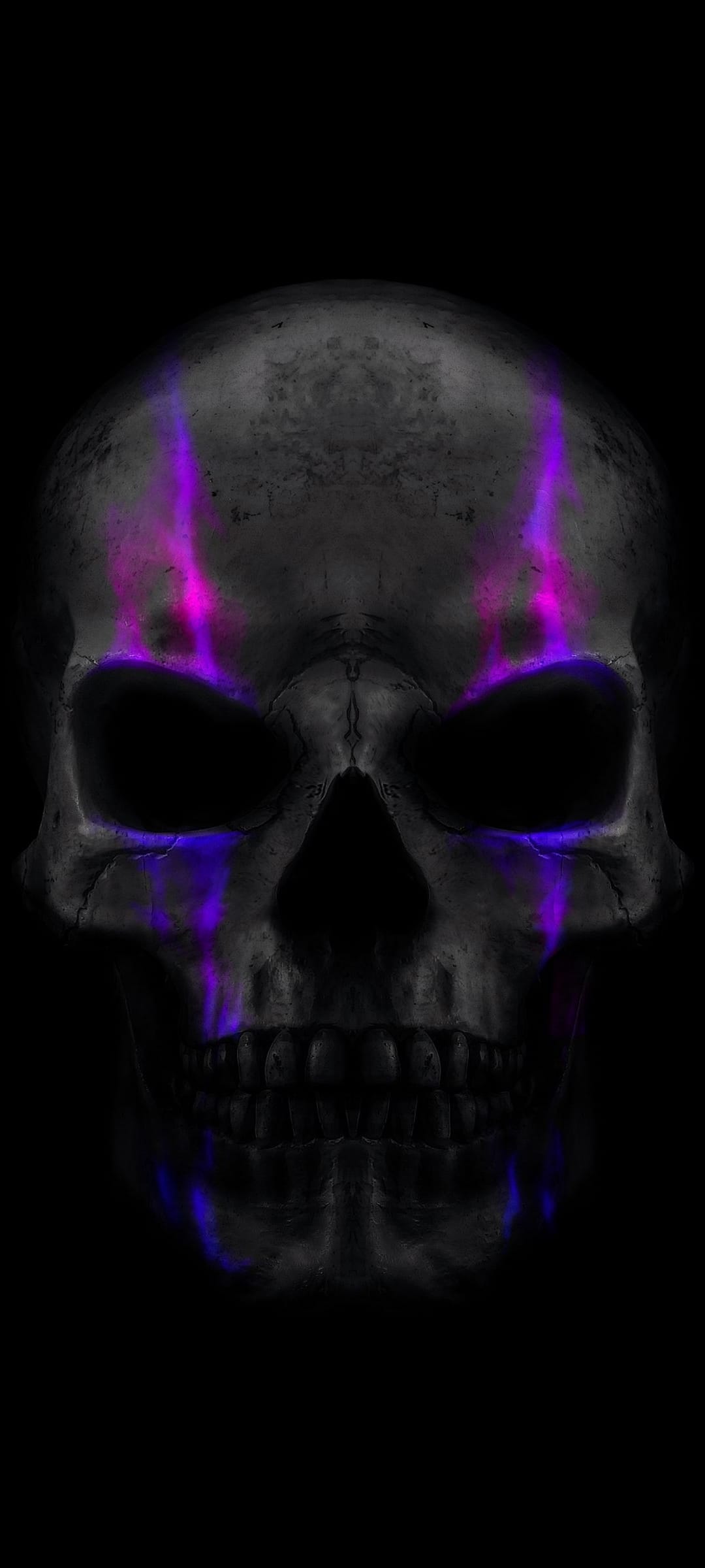 Human skull with textured gray bone illuminated by vibrant purple and blue light streaks against a dark background.