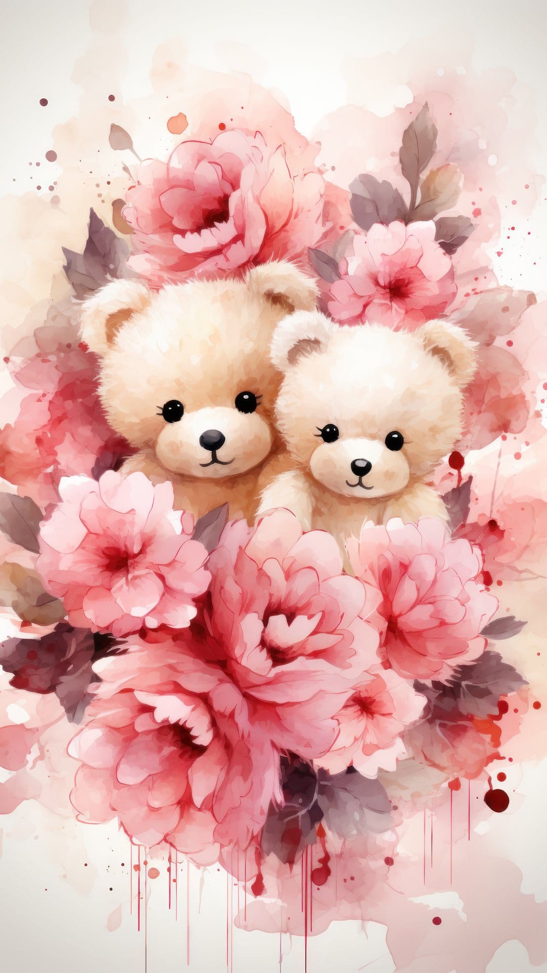 Two fluffy brown teddy bears sit inside a dense bouquet of pink roses and green leaves with watercolor textures.