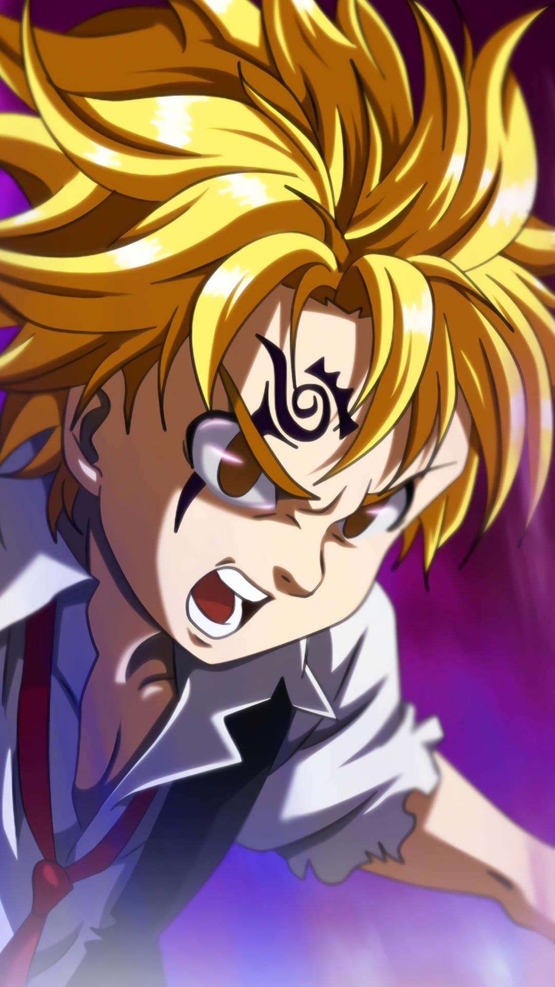 Meliodas with golden spiky hair and a black demon mark on his forehead roars against a vivid purple background.