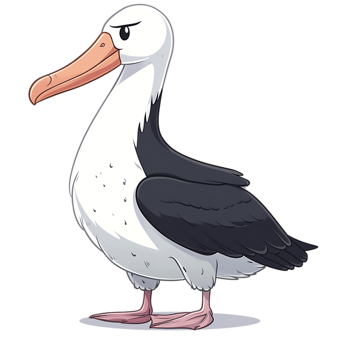 Albatross bird cartoon illustration with a large pink beak, gray wings, and pink webbed feet on a clear background.
