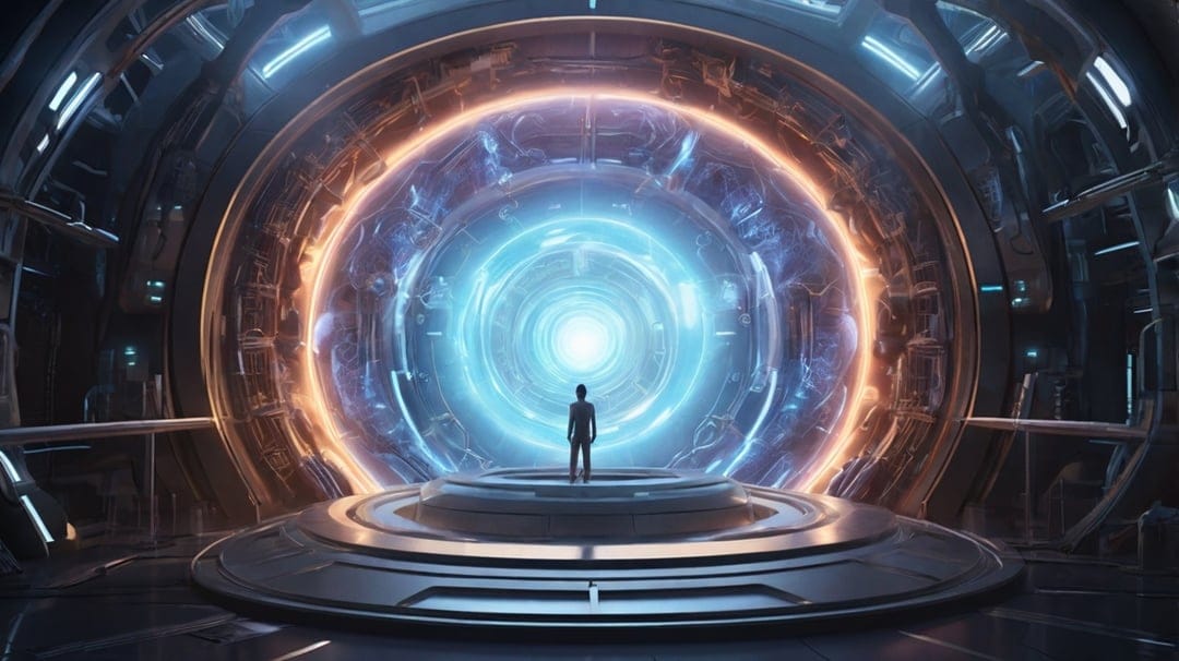 Solitary human silhouette stands before a glowing blue and orange circular portal in a dark metallic hangar.