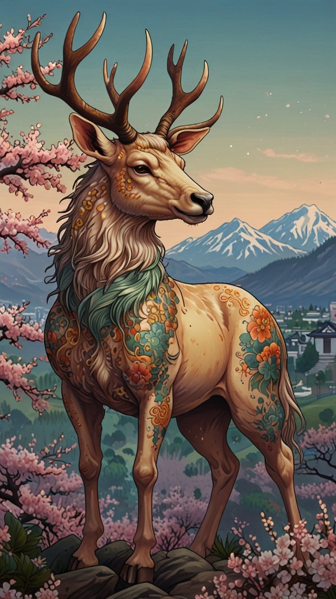 Tattooed stag standing in a cherry blossom forest with snow-capped mountains and a pagoda in the distance.