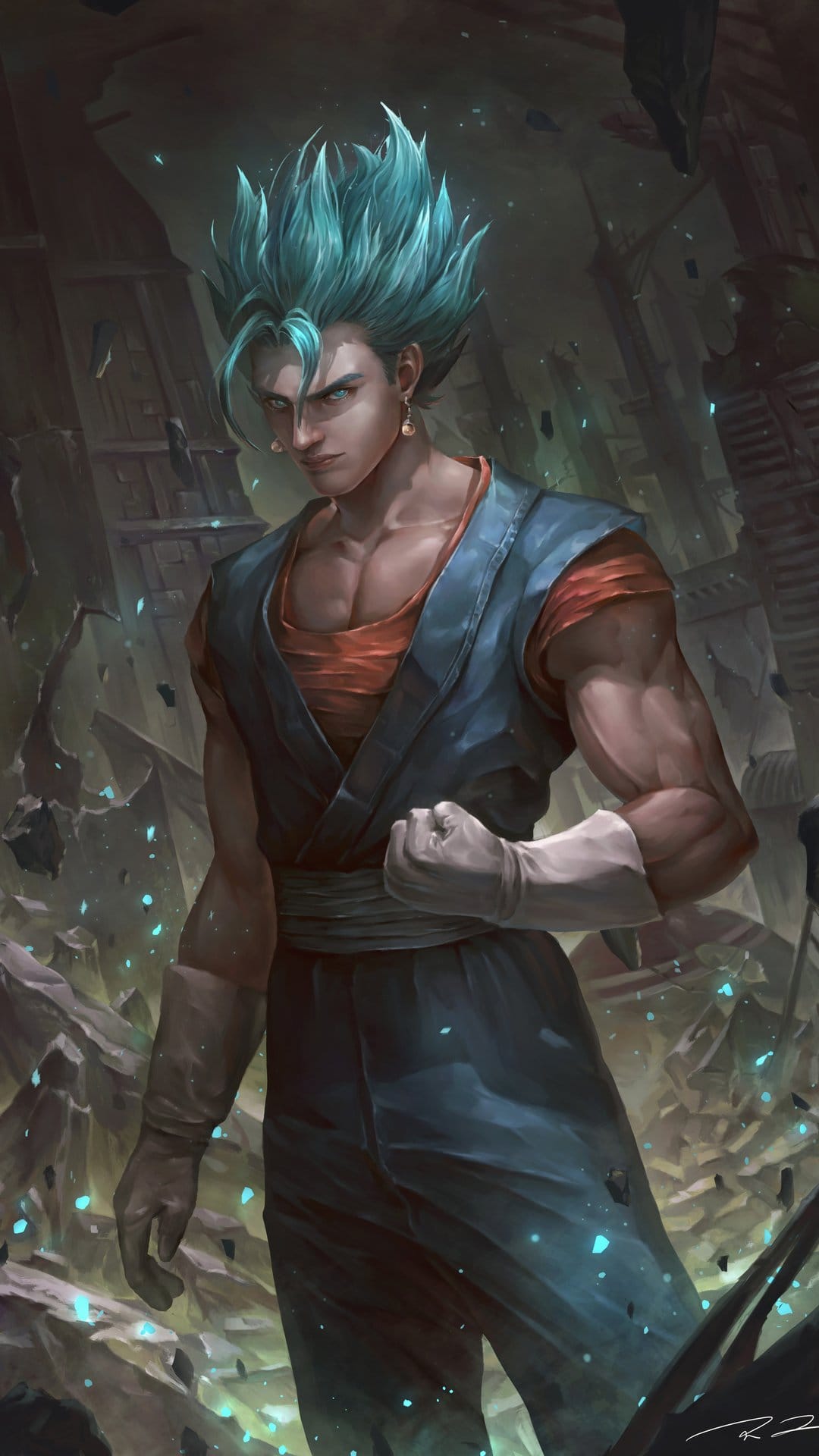 Fused blue-haired warrior with Potara earrings stands in debris while a vibrant energy aura glows behind him.