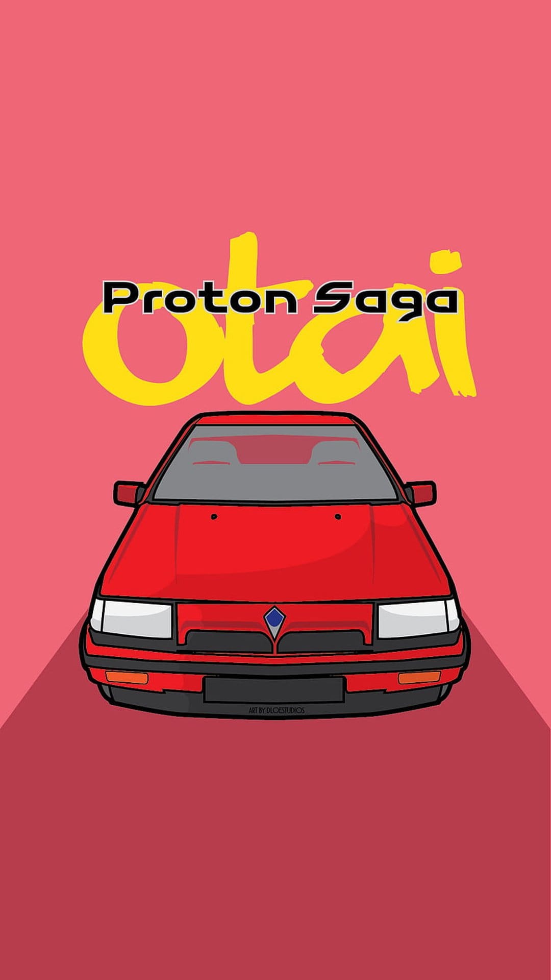 Red Proton Saga car front view with circular headlights on a solid pink background in a retro graphic style.