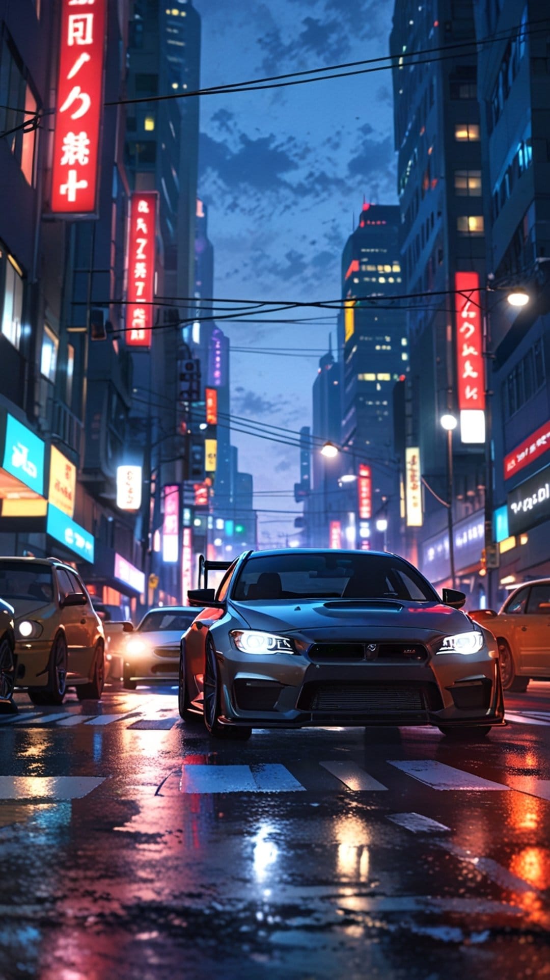 Racing cars speed through a rainy cyberpunk city street lined with glowing neon skyscrapers and light reflections.