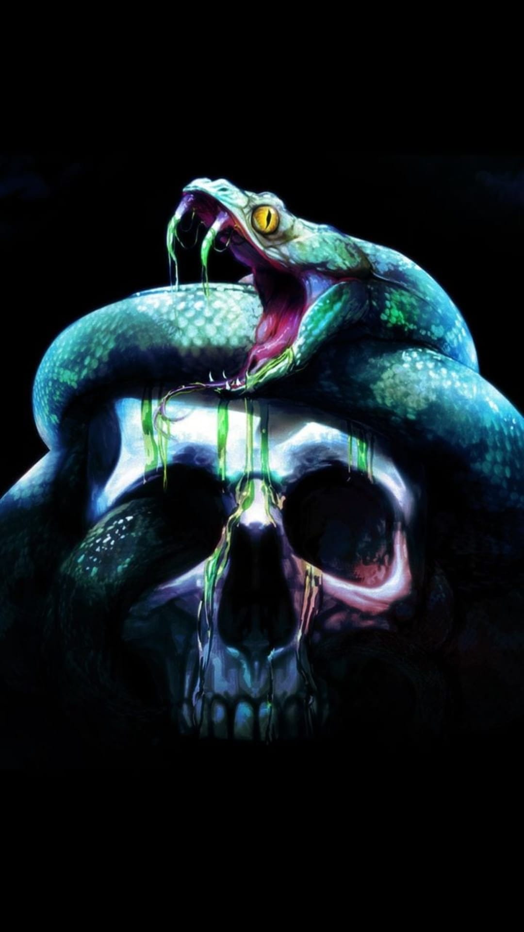 Human skull entwined by a bright green snake with glowing slime dripping from its open mouth on a black background.