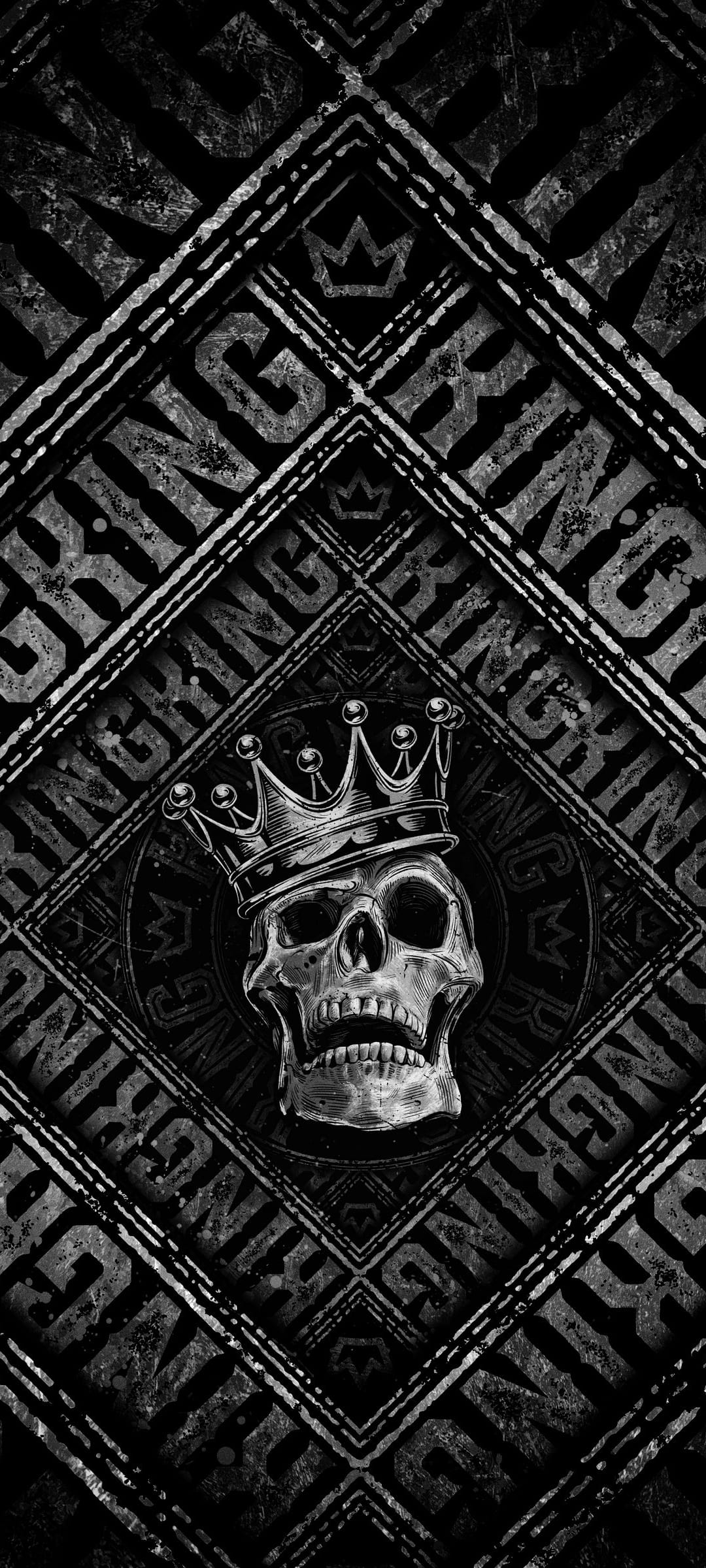 Human skull wearing a detailed royal crown centered inside an intricate diamond-shaped pattern of textures.