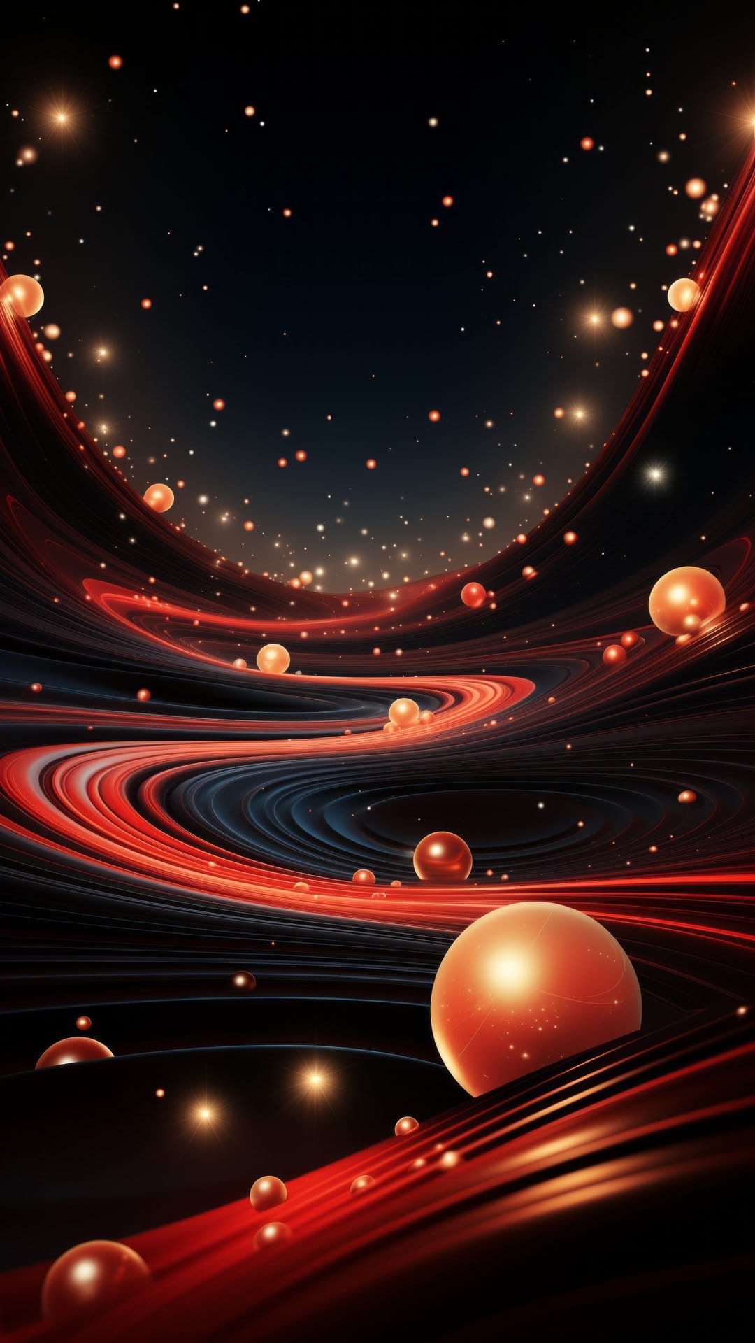 Red cosmic nebulae swirl around glowing white orbs and scattered stardust against a black space background.