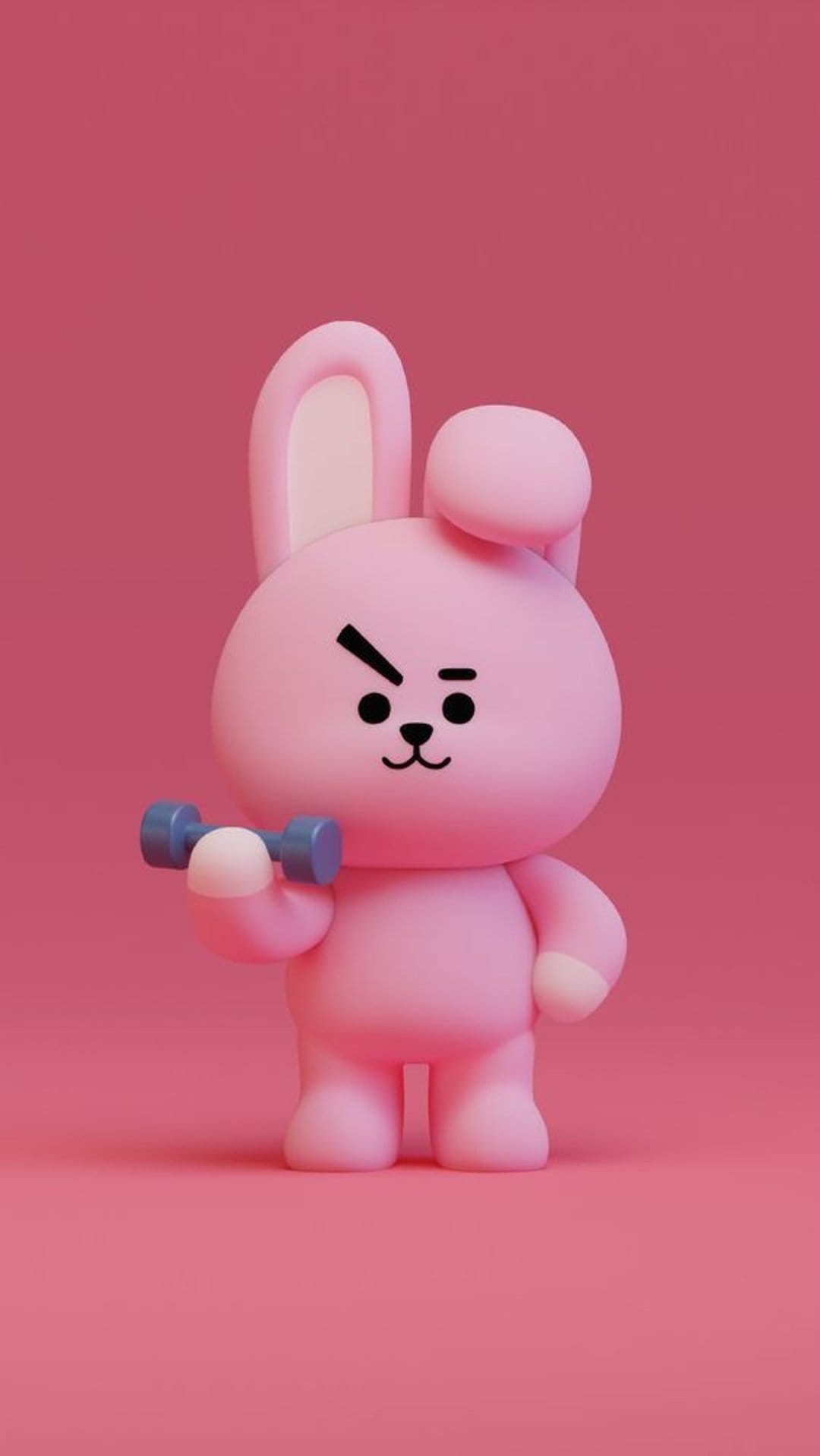 Pink bunny character Cooky flexing a bicep with a blue dumbbell against a monochromatic pink background.