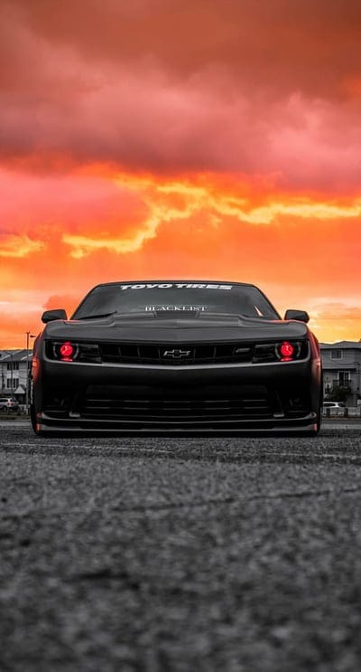 DEVILMOBILE, chevrolet, camaro, black, car, muscle, america sports, sunset, red, mobile wallpaper, android wallpaper, iPhone wallpaper, phone wallpaper