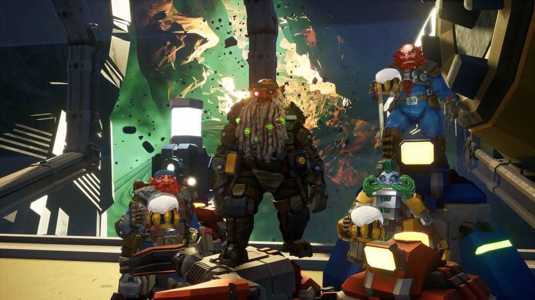 Four space dwarves stand together in a station against a backdrop of a swirling green and gold space nebula.