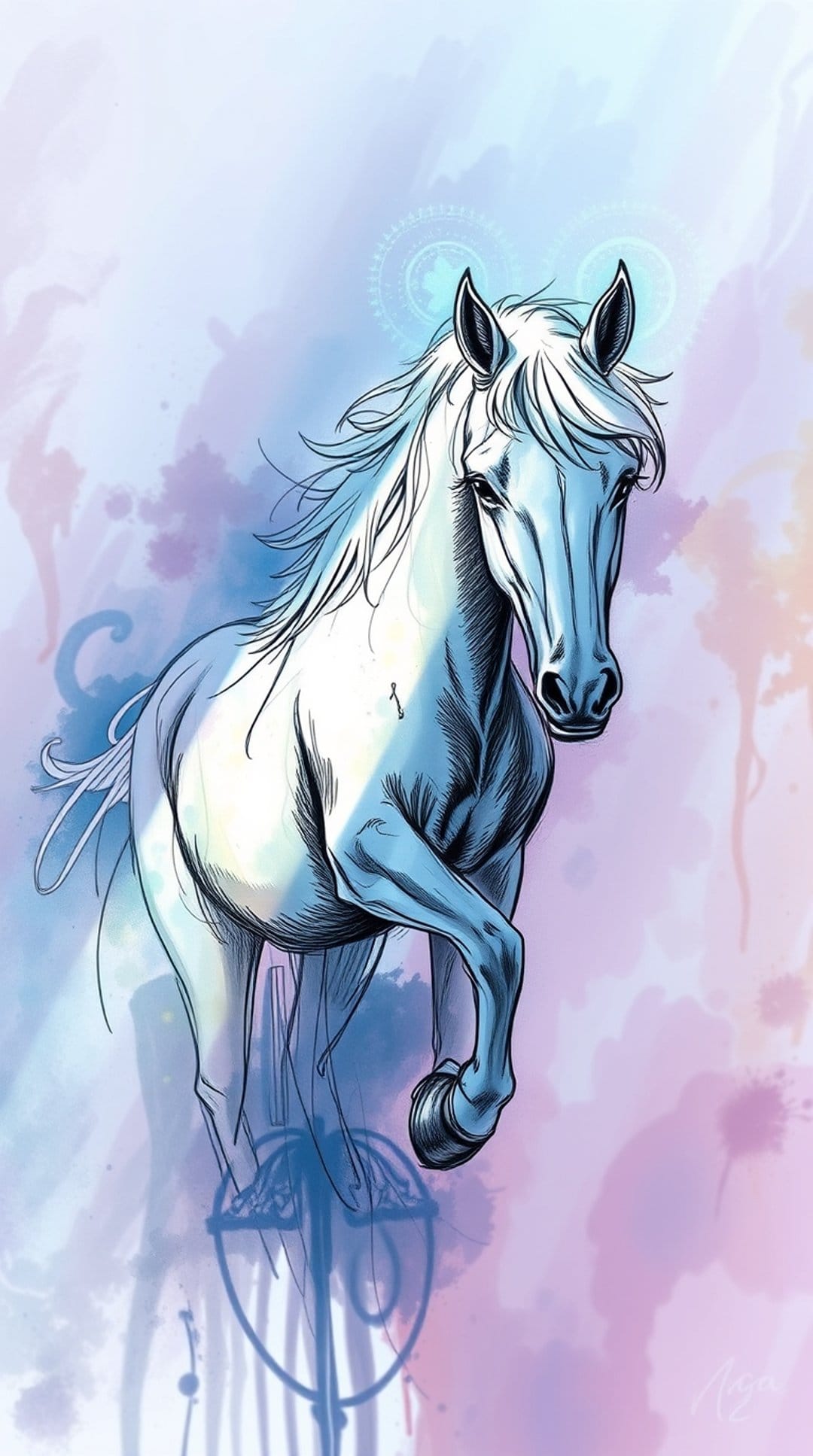 White horse galloping through blue and purple watercolor clouds with a glowing circular halo around its head.
