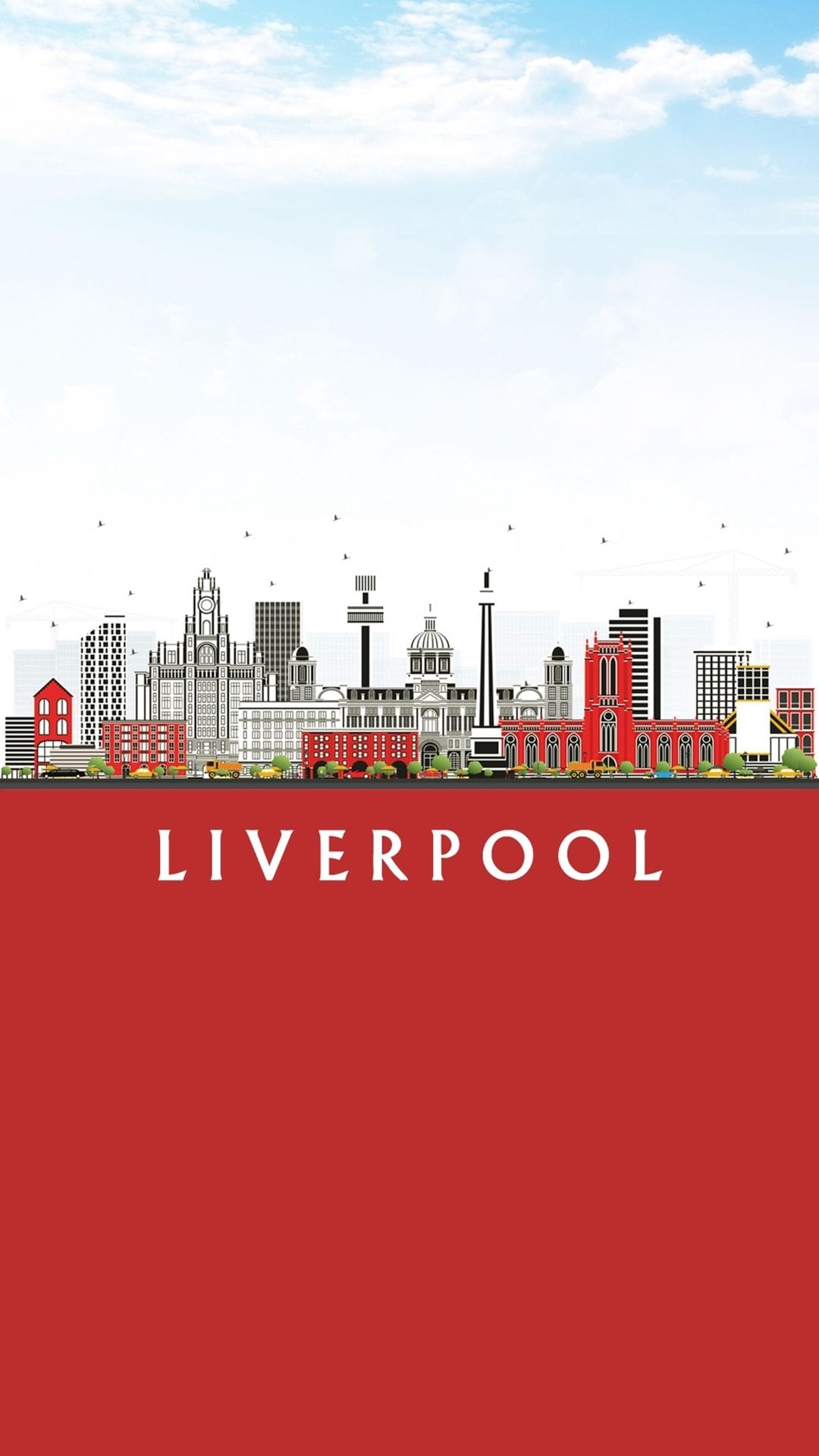Liverpool skyline buildings stand beneath a cloudy sky above a solid red banner with white Liverpool text.