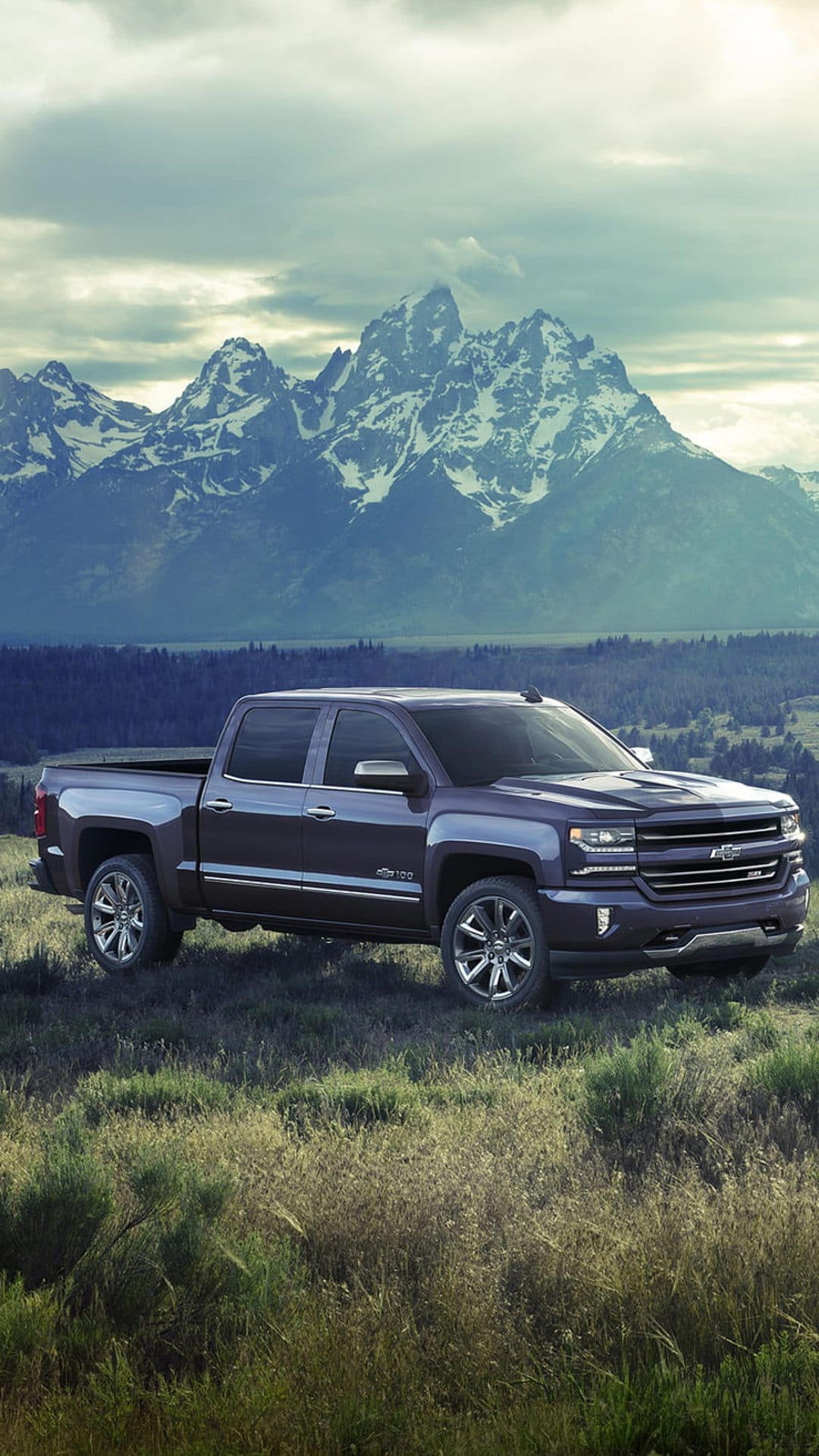 Purple Chevrolet Silverado pickup truck in a grassy field with snow-capped mountain peaks under a cloudy sky.