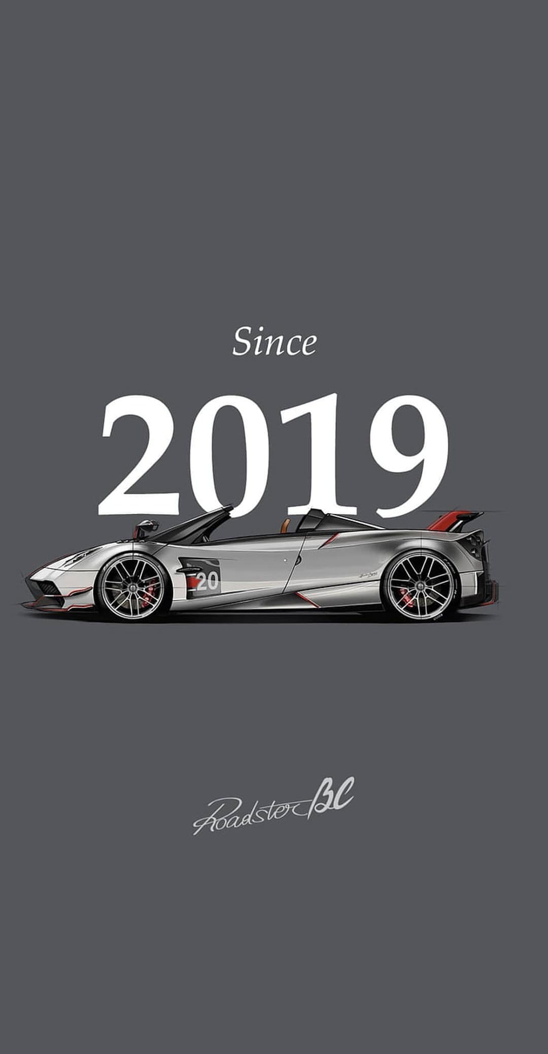 Pagani Huayra Roadster BC silver hypercar with script text on a clean background for mobile screen orientation.