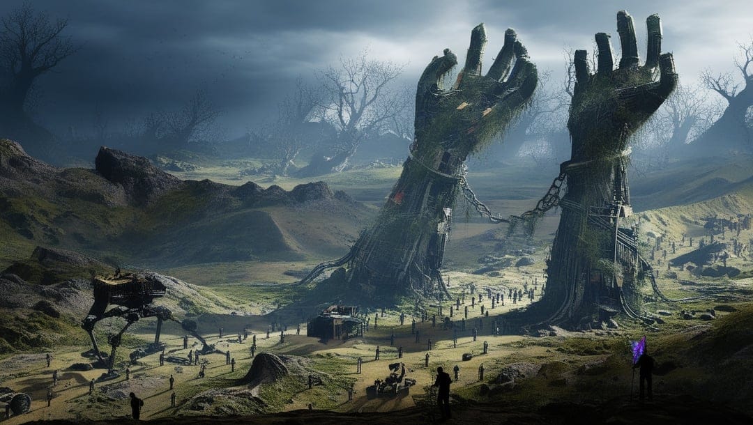Massive mossy stone hands bound by chains tower over tiny figures and a mechanical walker in a dark wasteland.