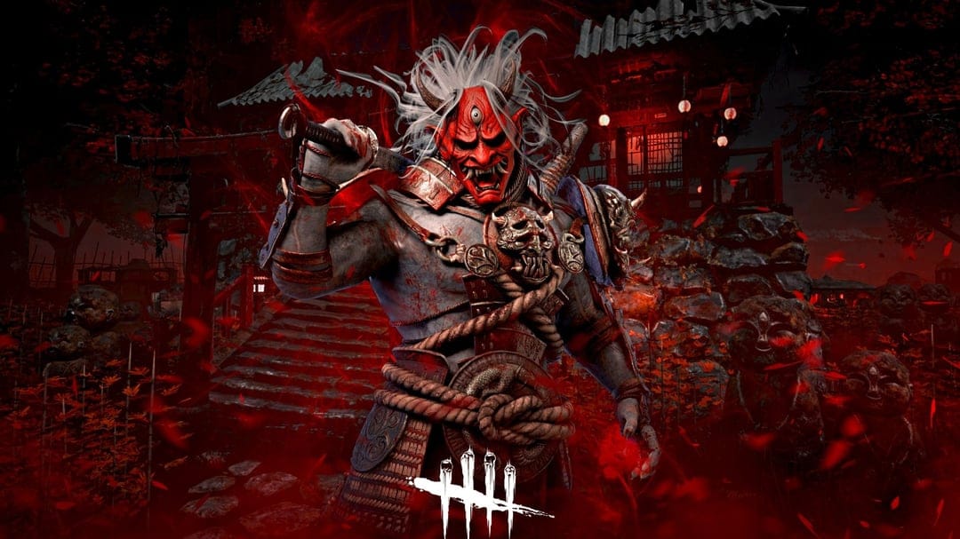 The Oni demon samurai in red mask with white hair standing before a dark Japanese temple in blood red mist.
