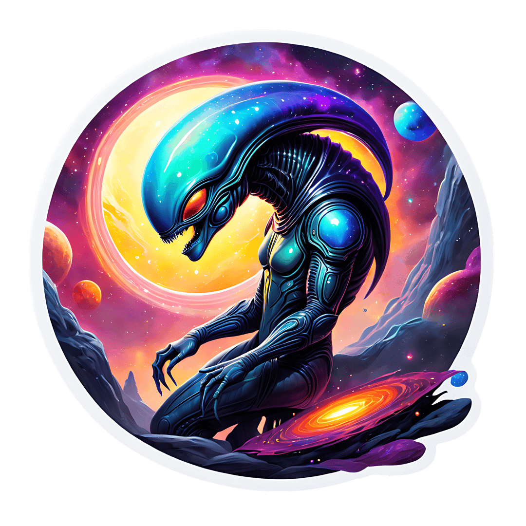Biomechanical alien sticker kneeling in a cosmic landscape featuring a massive yellow sun and purple nebulae.