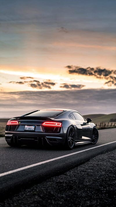 AUDI R8, car mountains, new, esports, sunset, supercar, mobile wallpaper, android wallpaper, iPhone wallpaper, phone wallpaper